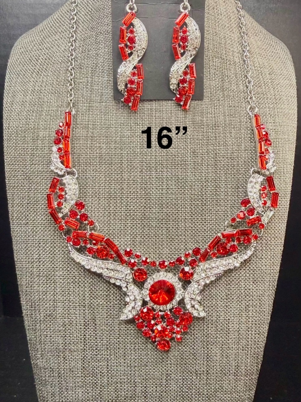 209. Red Crystal Statement Necklace and Earring Set